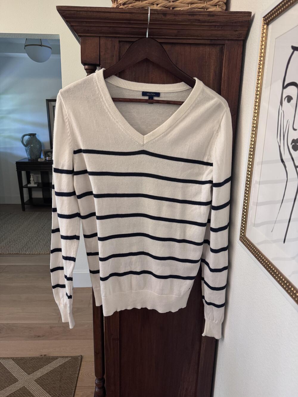 Nautica Sweater Womens Small White Navy Striped V Neck Cotton Knit Pullover